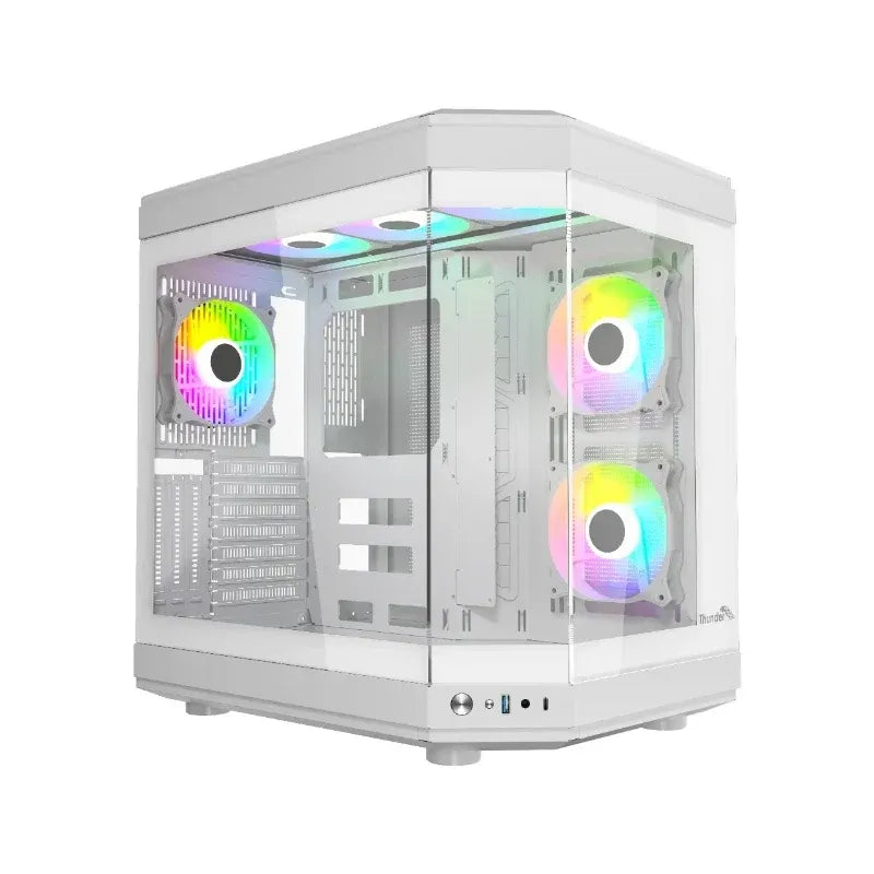 Thunder Spartan TGC-2142 Micro-ATX Gaming Computer Case (Panoramic Tempered Glass Showcase, 3 Pre-Installed ARGB Infinity Mirror Fans, High Airflow Layout, White)