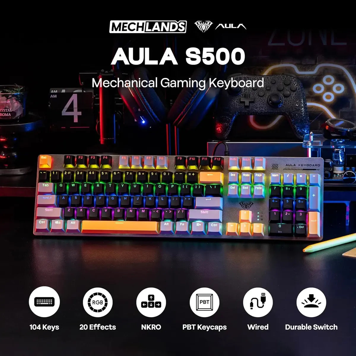 AULA S500 Mechanical Gaming Keyboard (Full-Size Layout, RGB Backlight, Mechanical Switches, Multi-Function Knob)