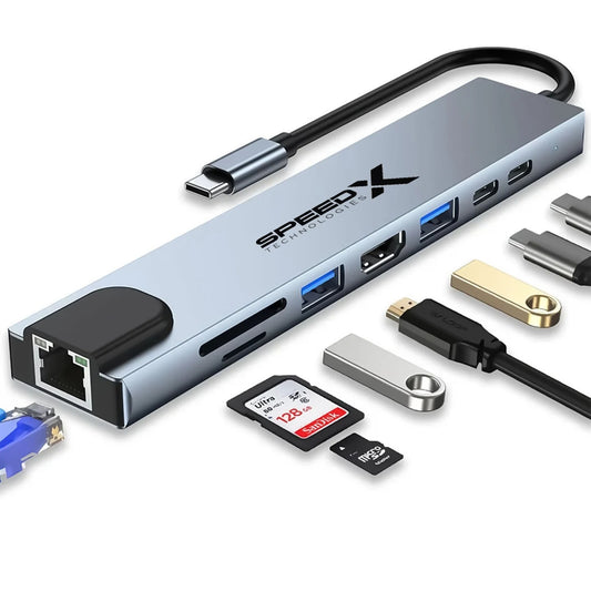 8-in-1 Type-C Multiport Adapter Hub (HDMI, RJ45 Ethernet LAN, USB 3.0, USB-C PD Charging, SD/TF Card Reader)