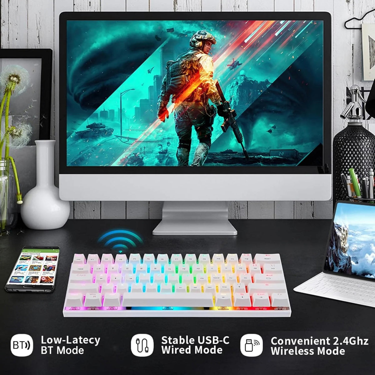 Motospeed SK62 Dual-Mode Wireless 60% Mechanical Gaming Keyboard (Bluetooth 5.0 + Type-C Wired, RGB Backlit, Mechanical Switches)