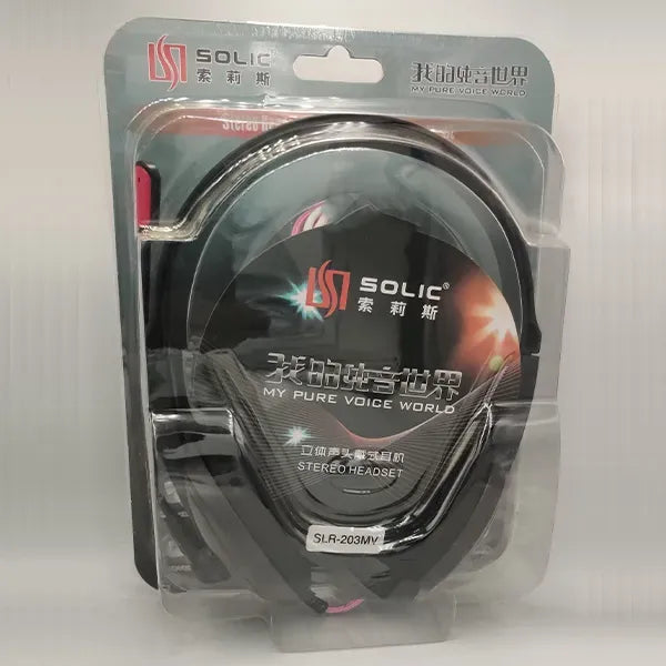 SOLIC Black Wired Stereo Headphones with Built-in Microphone (3.5mm AUX)