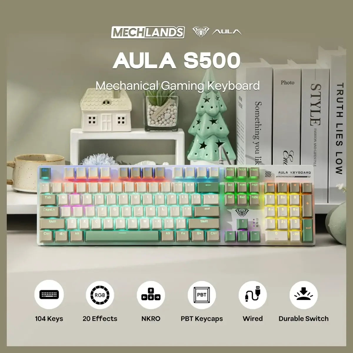 AULA S500 Mechanical Gaming Keyboard (Full-Size Layout, RGB Backlight, Mechanical Switches, Multi-Function Knob)