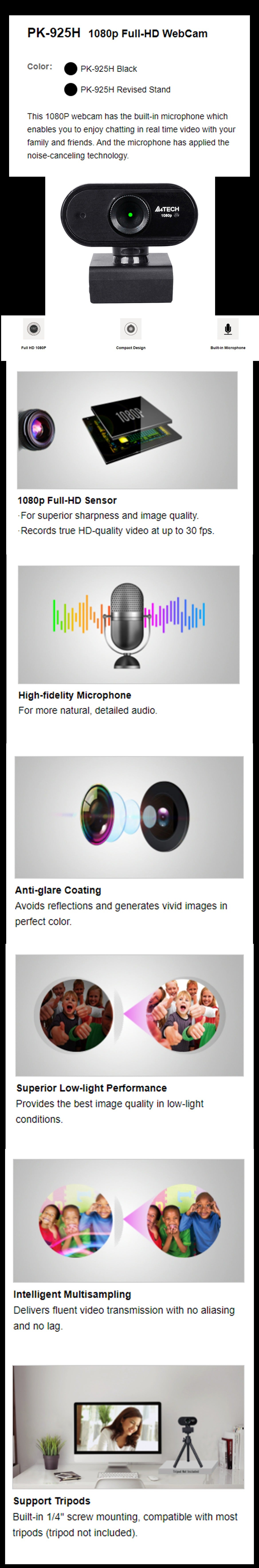 A4Tech PK-925H 1080p Full HD Webcam with Built-in Microphone & Anti-Glare Coating