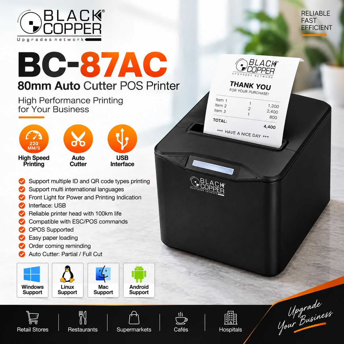 Black Copper BC-87AC 80mm Thermal Receipt Printer (Auto-Cutter, High-Speed Direct Thermal, Dual USB + Serial / LAN Interface, Heavy-Duty POS Printer)