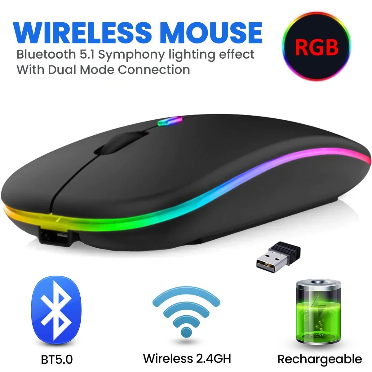 HP Dual Mode Wireless & Bluetooth Optical Mouse (RGB Lights, Silent Click, Rechargeable)