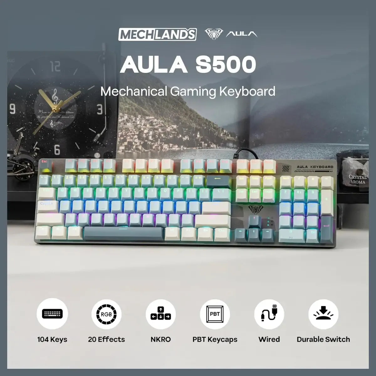 AULA S500 Mechanical Gaming Keyboard (Full-Size Layout, RGB Backlight, Mechanical Switches, Multi-Function Knob)