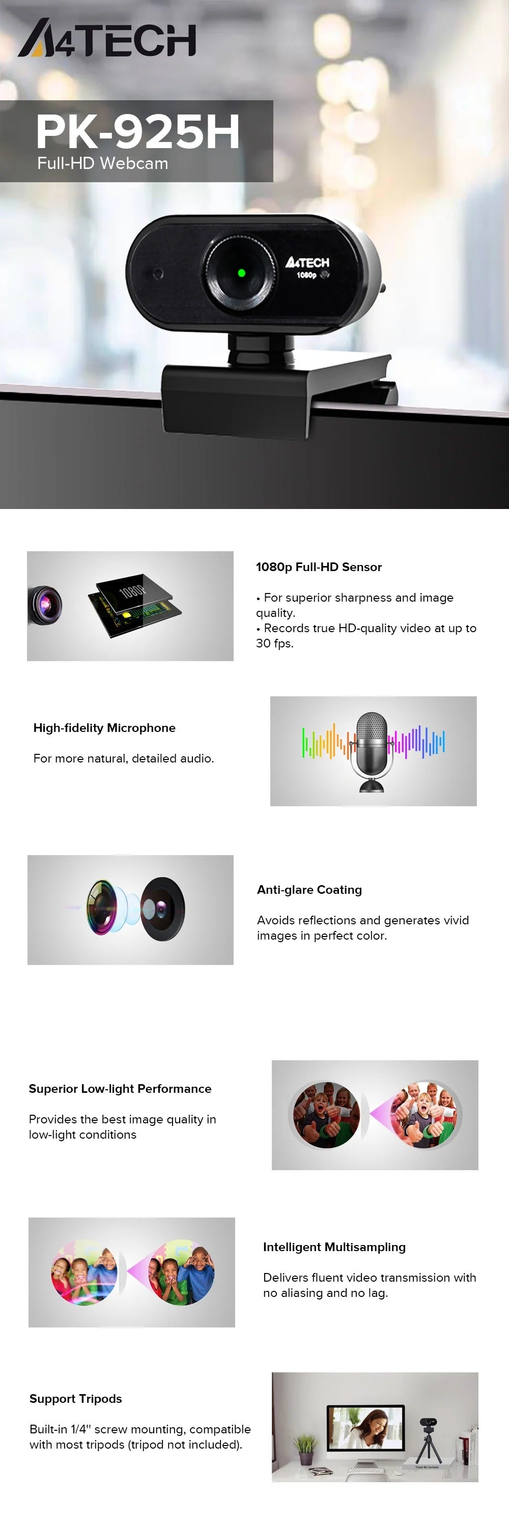 A4Tech PK-925H 1080p Full HD Webcam with Built-in Microphone & Anti-Glare Coating