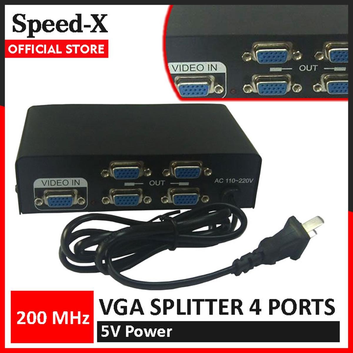 4-Port VGA Splitter 200MHz High-Resolution Video Distribution Amplifier (DC 5V Power Adapter)