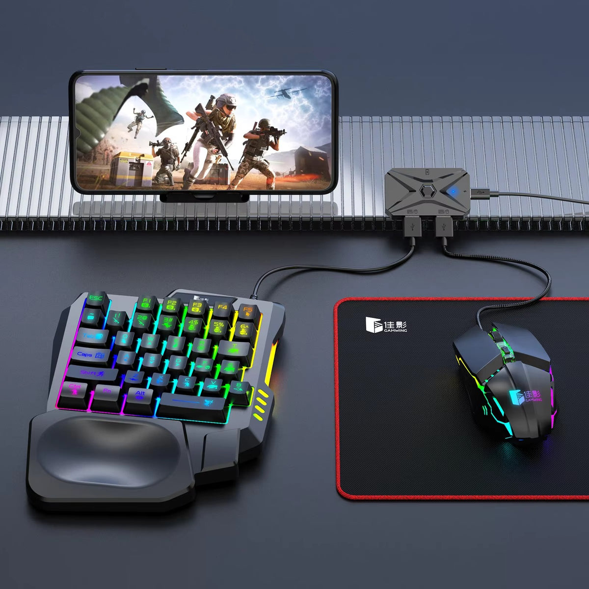 M1 Pro+ 5-in-1 Mobile Gaming Combo Pack (Keyboard, Mouse, Converter, Phone Stand, Mouse Pad)