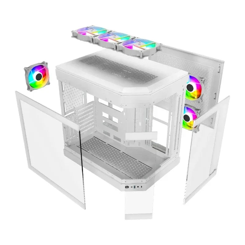 Thunder Spartan TGC-2142 Micro-ATX Gaming Computer Case (Panoramic Tempered Glass Showcase, 3 Pre-Installed ARGB Infinity Mirror Fans, High Airflow Layout, White)