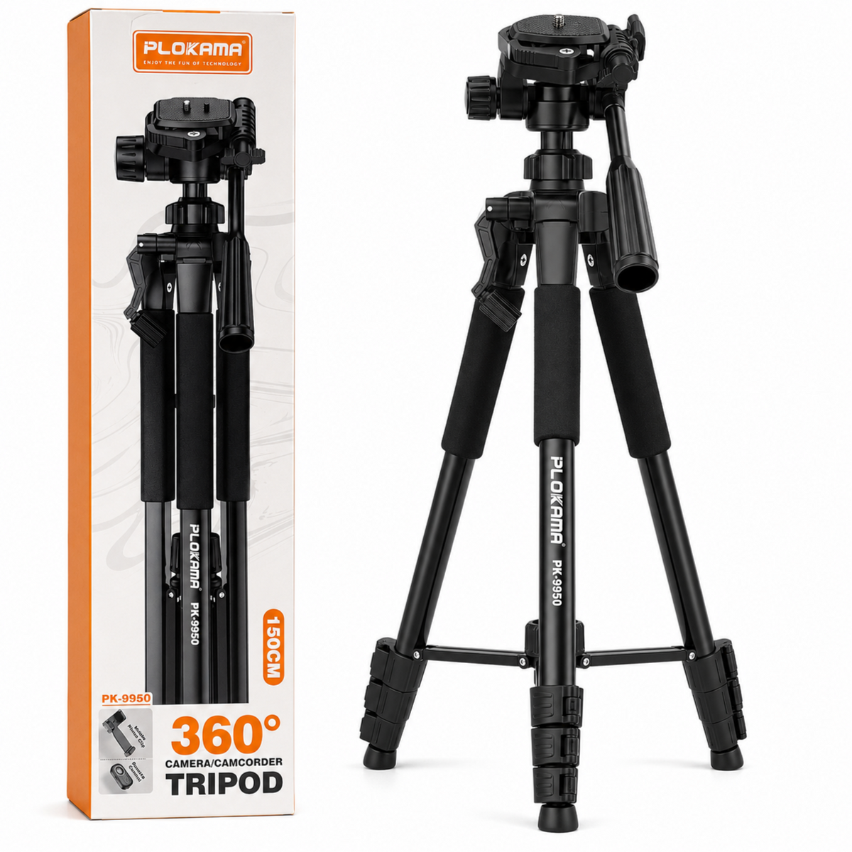 Plokama PK9950 Professional Heavy-Duty Camera & Mobile Tripod Stand (3-Way Pan Head, Quick Release Plate, Universal Phone Holder)