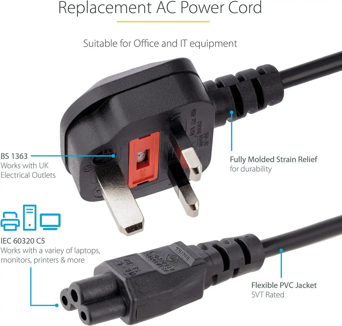 3-Pin Fused UK Laptop Charger Power Cable (Branded Lot Stock, Cloverleaf C5 Connector, Heavy-Duty Safety Fuse)