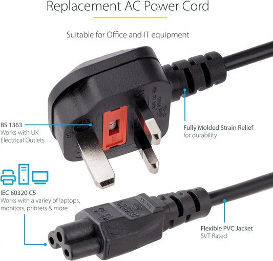3-Pin Fused UK Laptop Charger Power Cable (Branded Lot Stock, Cloverleaf C5 Connector, Heavy-Duty Safety Fuse)
