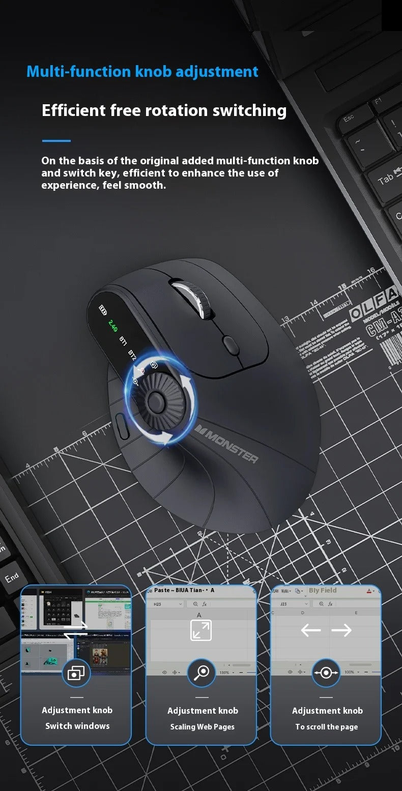 Monster Airmars M2 Max Tri-Mode Ergonomic Vertical Wireless Mouse (2.4G + Dual Bluetooth)