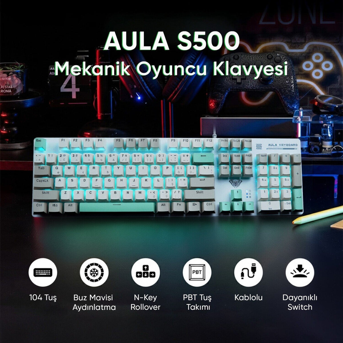AULA S500 Mechanical Gaming Keyboard (Full-Size Layout, RGB Backlight, Mechanical Switches, Multi-Function Knob)
