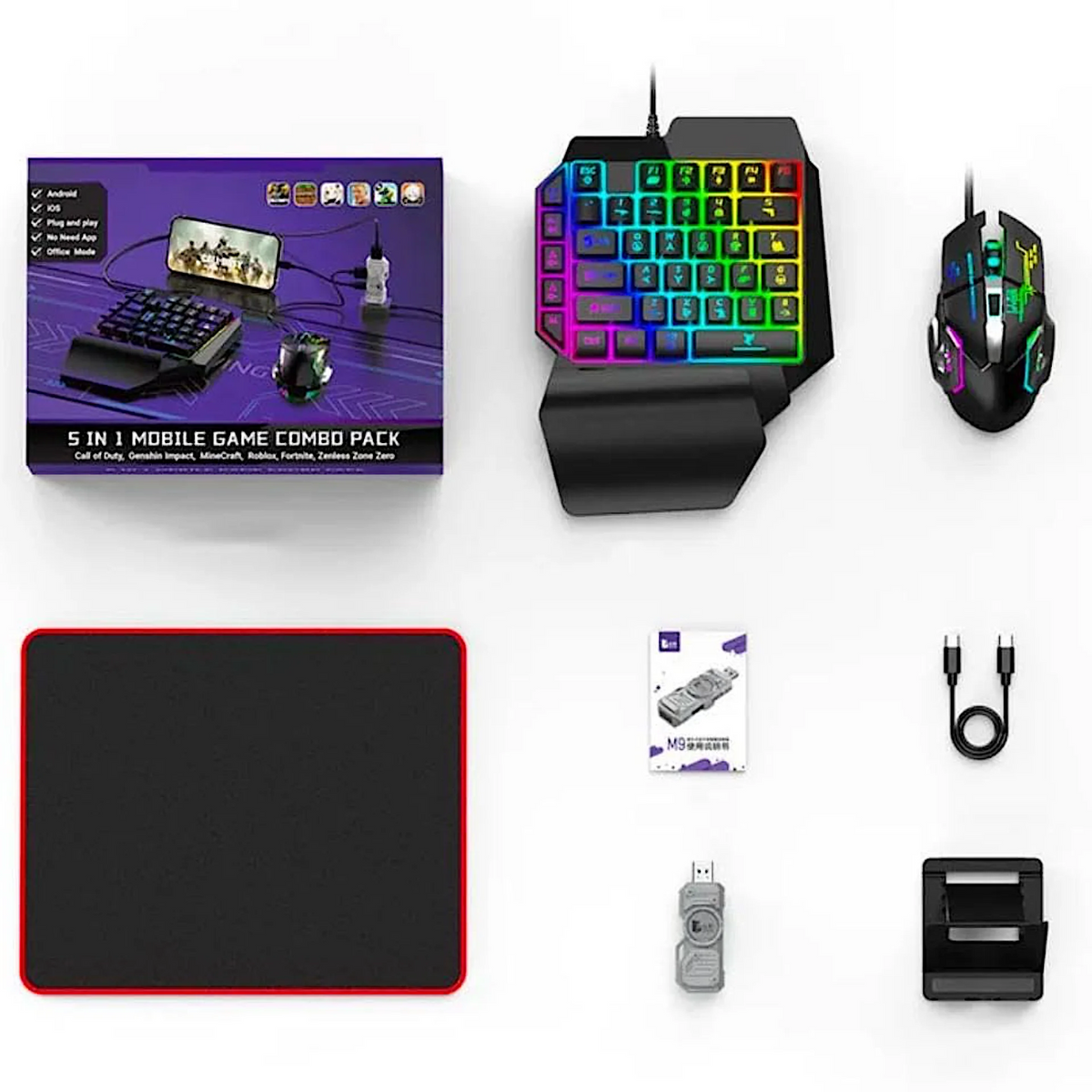 M1 Pro+ 5-in-1 Mobile Gaming Combo Pack (Keyboard, Mouse, Converter, Phone Stand, Mouse Pad)