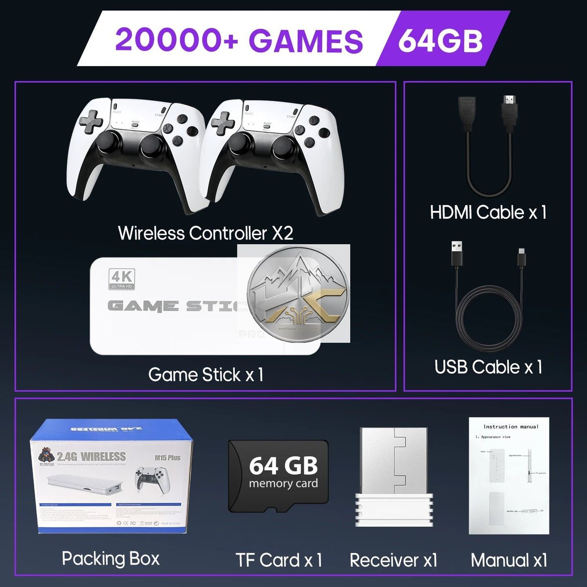 M15 Game Stick Pro 4K Retro Console 64GB (20,000+ Pre-Installed Games, Dual 2.4G Wireless Controllers, HDMI Output)