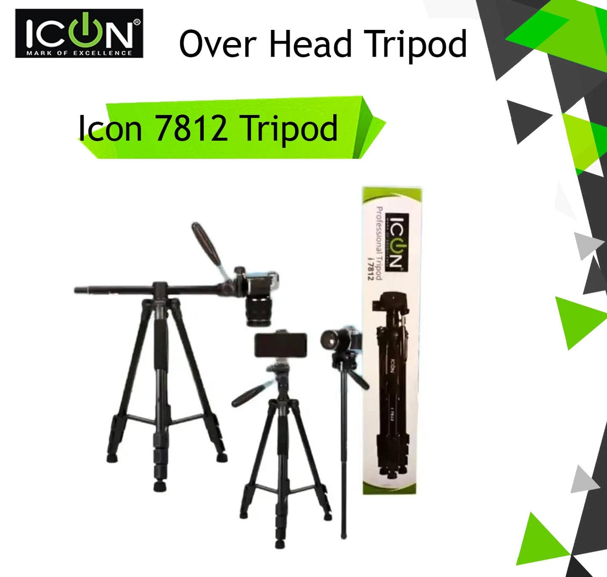 ICON IC-7864 Lightweight Mobile & Camera Tripod Stand (3-Way Pan Head, Quick Release Plate, Universal Phone Holder)