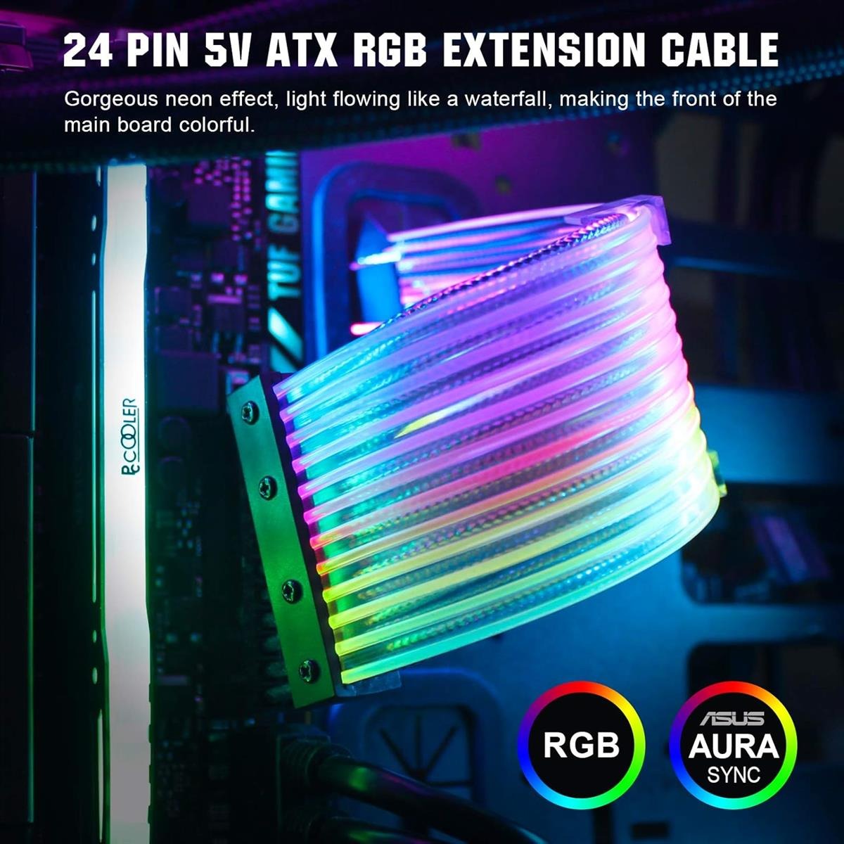 Thunder Premium 24-Pin ARGB PSU Cable Strip for Gaming PC (Vibrant Addressable RGB, Sleek Black Braided Sleeving, Plug & Play 5V 3-Pin Sync)
