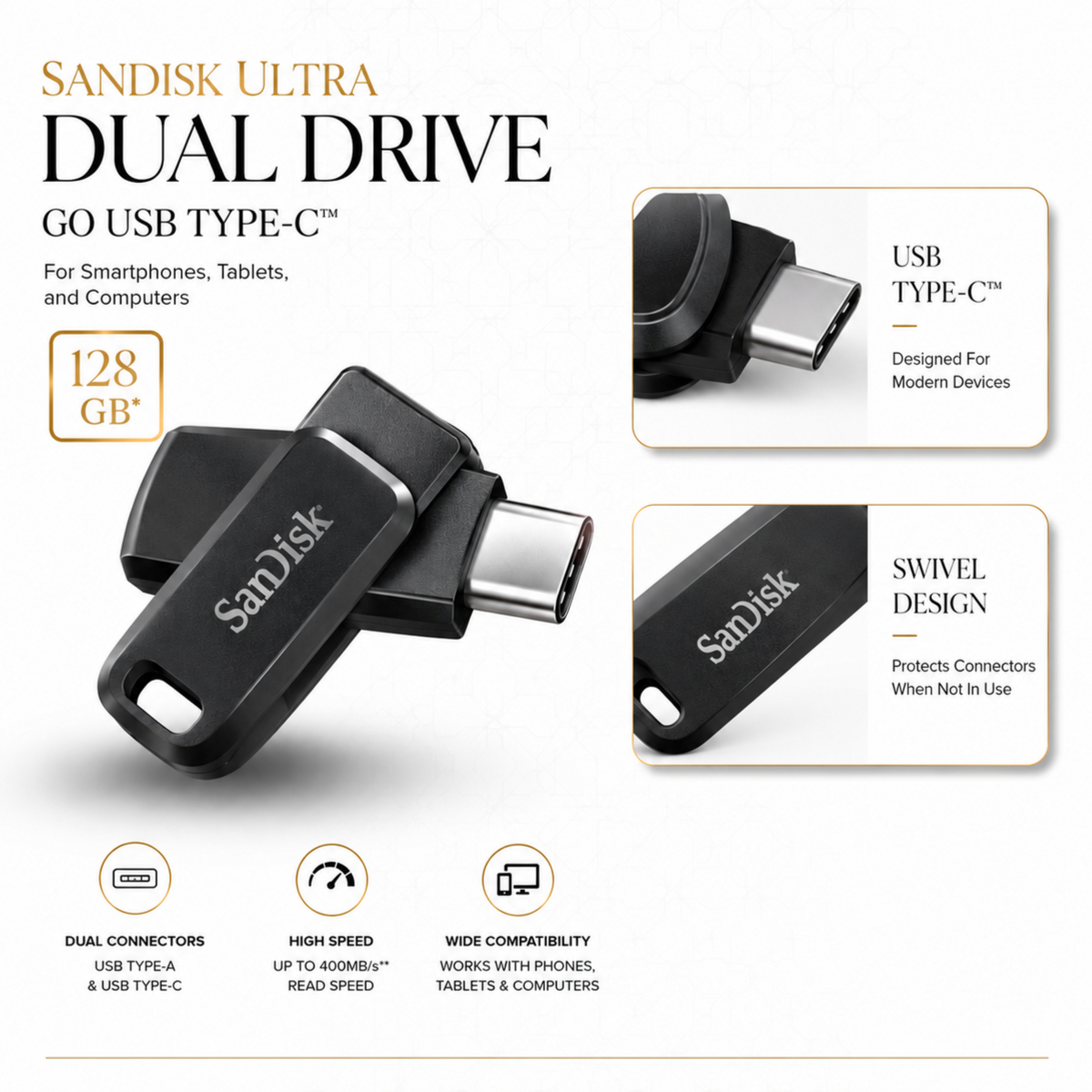 SanDisk 128GB Ultra Dual Drive Go USB Type-C Flash Drive (Dual USB Type-C & Type-A Connectors, Up to 400MB/s Read Speed, Swivel Design, Original with Official Replacement Warranty)