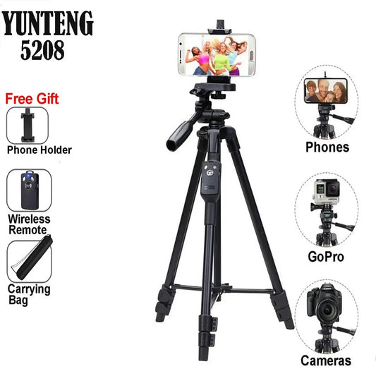 Yunteng VCT-5208 Professional Mobile & Camera Tripod Stand (Wireless Bluetooth Remote, Heavy-Duty Phone Holder, 3-Way Pan Head)