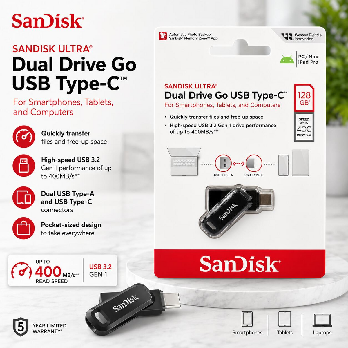 SanDisk 128GB Ultra Dual Drive Go USB Type-C Flash Drive (Dual USB Type-C & Type-A Connectors, Up to 400MB/s Read Speed, Swivel Design, Original with Official Replacement Warranty)