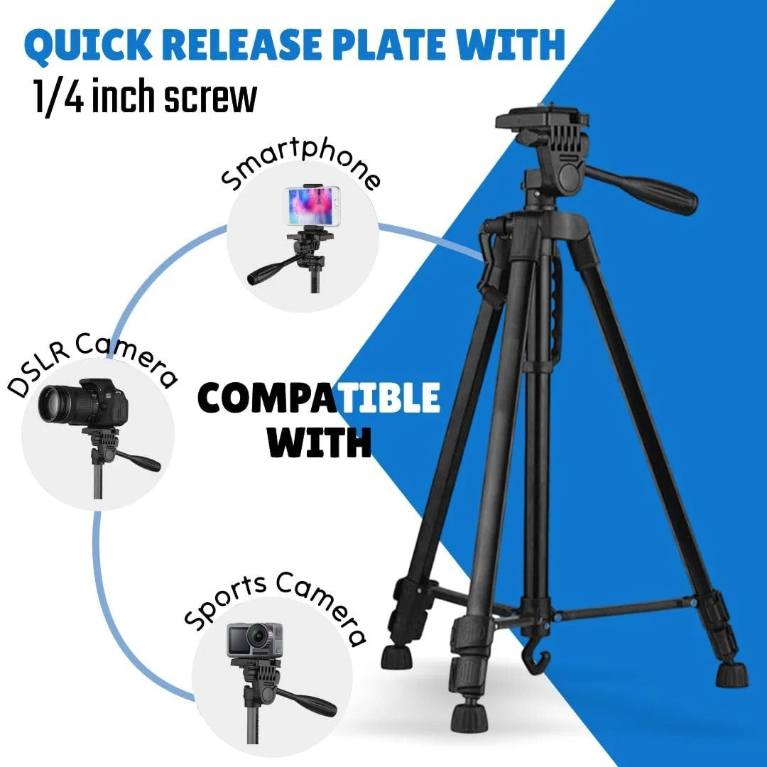 3366 Professional Aluminum Camera & Mobile Tripod Stand (3-Way Pan Head, Quick Release Plate, Universal Phone Holder)