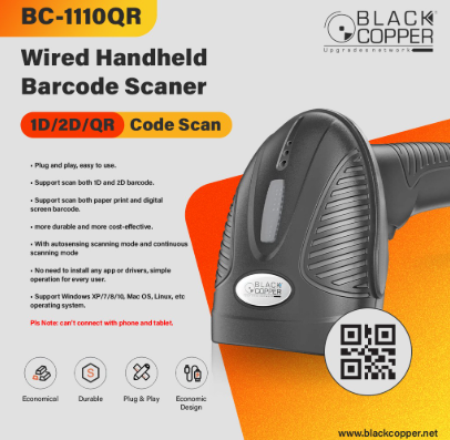 Black Copper BC-1110QR 2D / 1D Handheld Wired USB Barcode Scanner (QR Code Support)