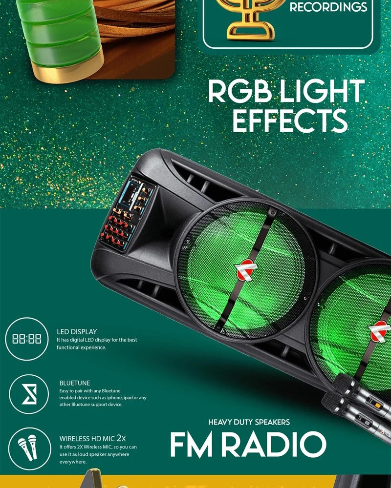 Audionic Mehfil MH-1212 Advance Dual 12-Inch Portable Bluetooth Trolley Speaker with 2 Wireless Mics