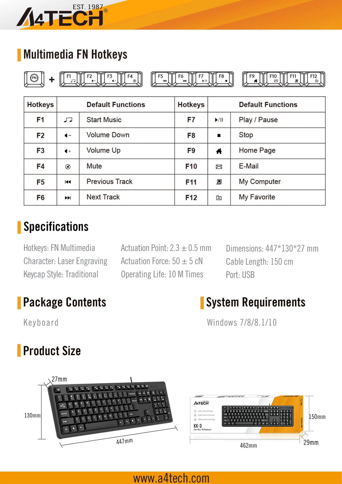 A4Tech KK-3 Multimedia SmartKey Keyboard (High-Elasticity Silicon, Drainage Holes, FN Hotkeys, USB Wired)