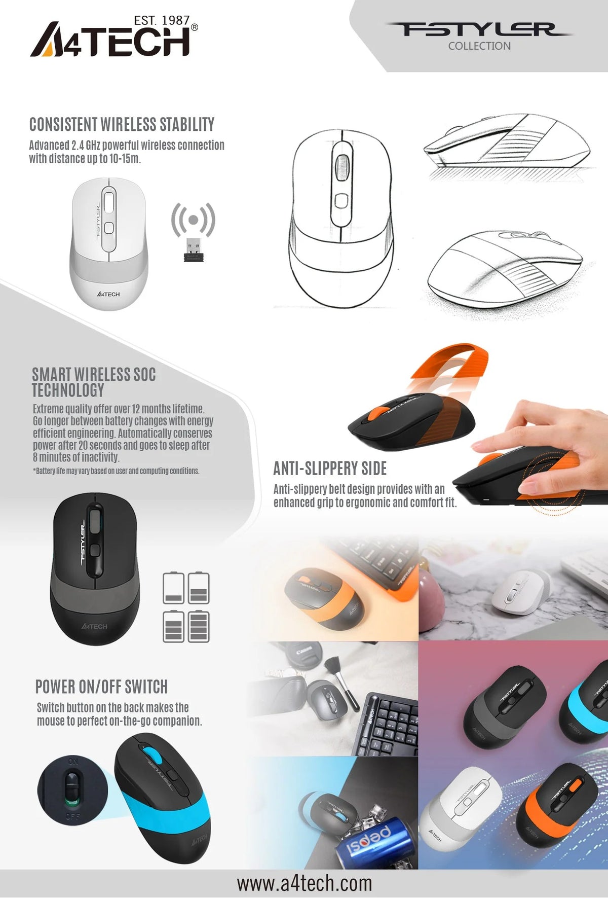 A4Tech FSTYLER FG10S Silent 2.4G Wireless Mouse (1200 DPI, Power Saving, Silent Clicking)
