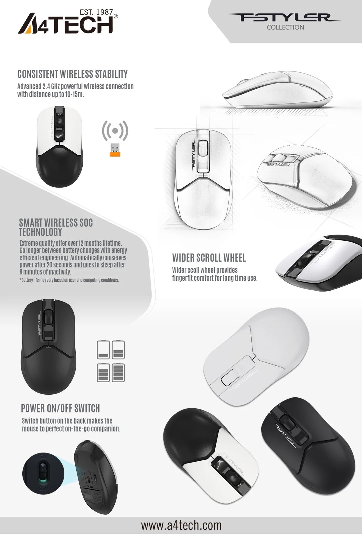 A4Tech FSTYLER FG12S Silent 2.4G Wireless Mouse (1200 DPI, Power Saving, Compact Symmetric Design)