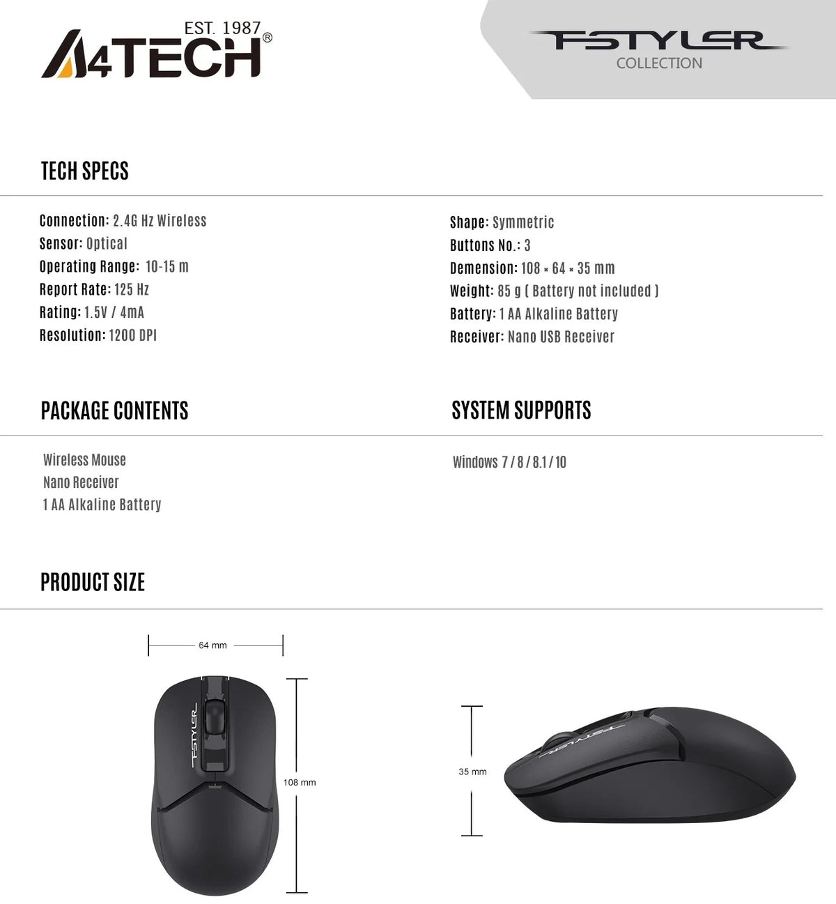 A4Tech FSTYLER FG12S Silent 2.4G Wireless Mouse (1200 DPI, Power Saving, Compact Symmetric Design)