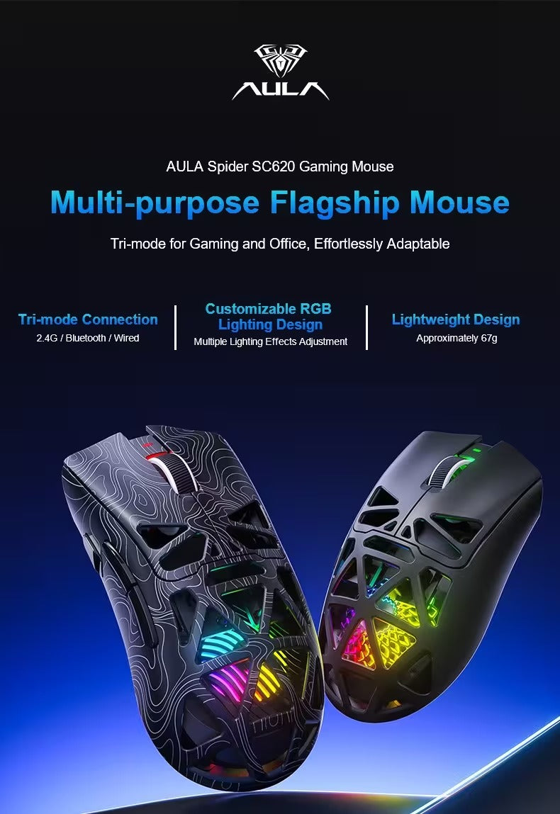 AULA SC620 Tri-Mode Lightweight Wireless Gaming Mouse (PAW3311 Sensor, 12000 DPI, 1000Hz Polling Rate, 67g Honeycomb Shell)