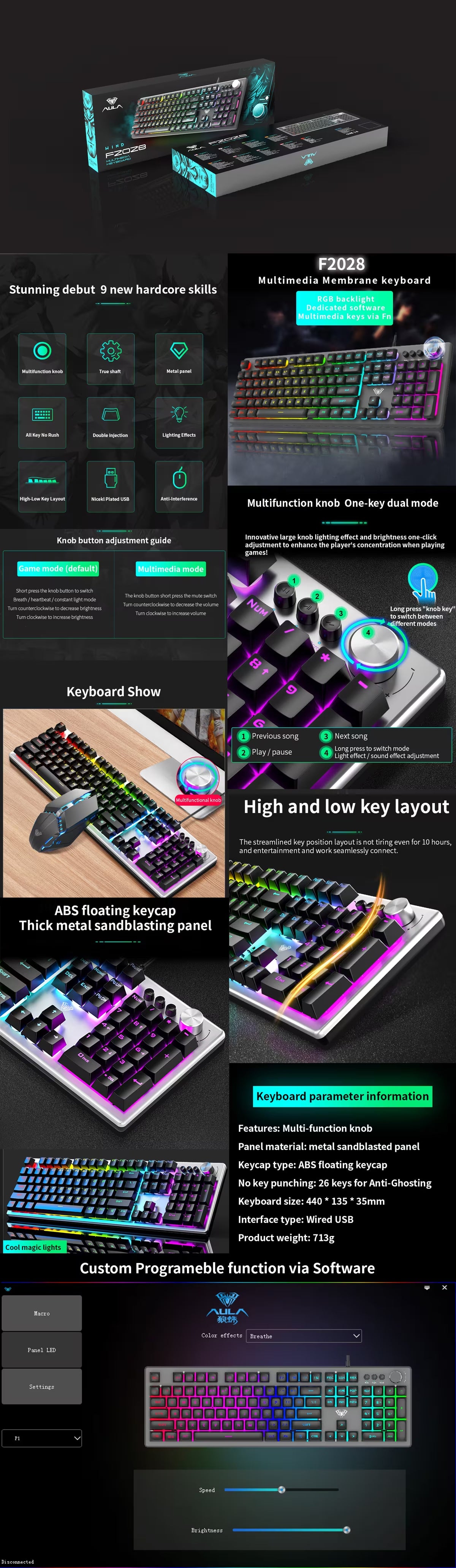 AULA F2028 Wired Gaming Keyboard (Custom Macro Software Support, RGB Backlight, Multi-Function Media Knob)