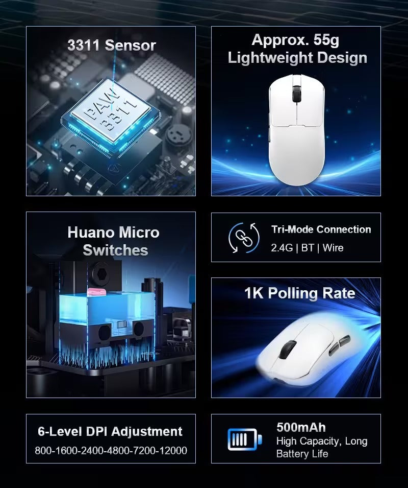AULA SC380 Pro Tri-Mode Lightweight Wireless Gaming Mouse with Charging Dock (PAW3311 Sensor, 12000 DPI, 1000Hz Polling Rate, 55g Ultra-Light)