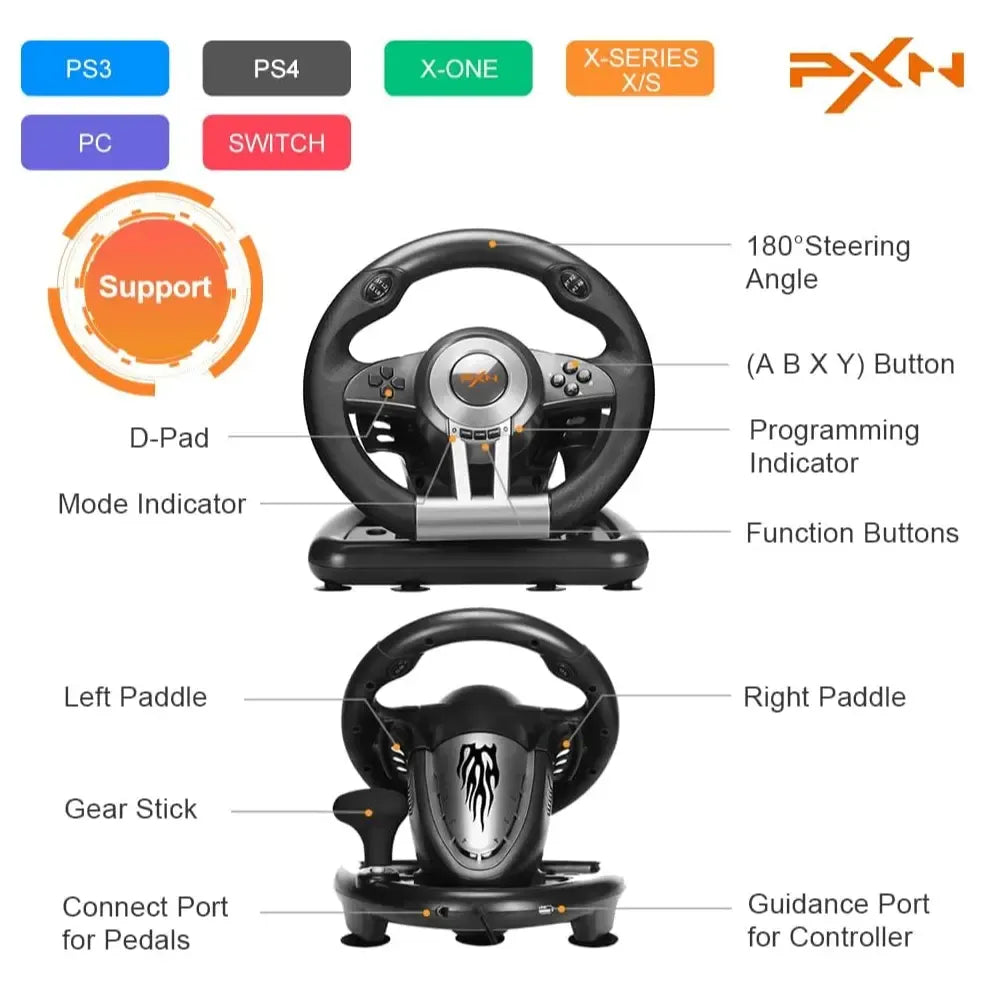 PXN V3Pro Gaming Steering Wheel & Pedal Set (180° Ergonomic Racing Wheel, Dual Vibration Motors, Multi-Platform USB Wired)