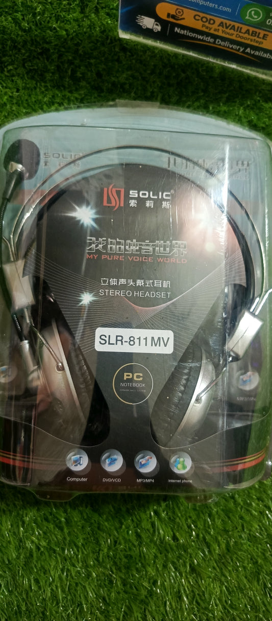 SOLIC Black Wired Stereo Headphones with Built-in Microphone (3.5mm AUX)